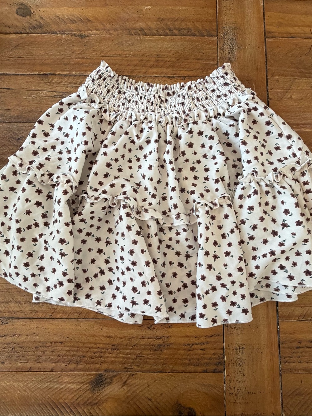 Cream Tiered Ruffle Skirt with Brown Floral Print